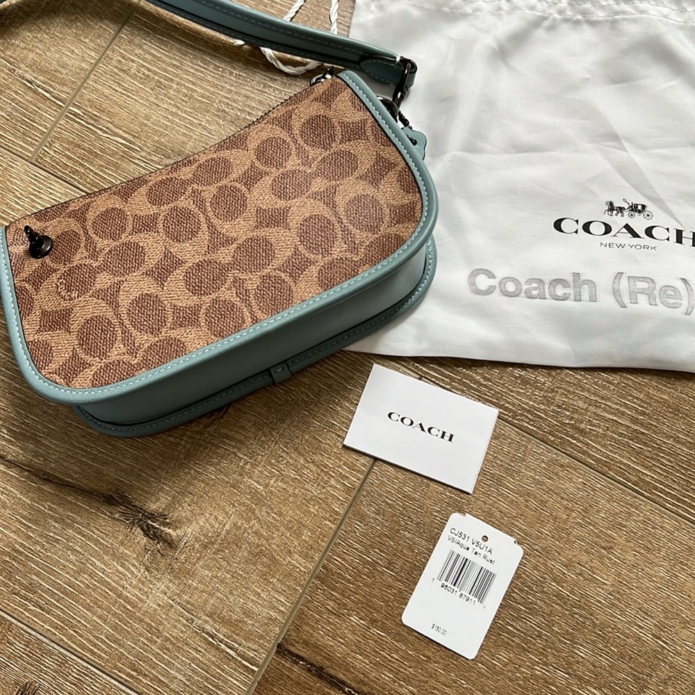 Coach Signature Canvas Shoulder Bag in Brown and Light Blue